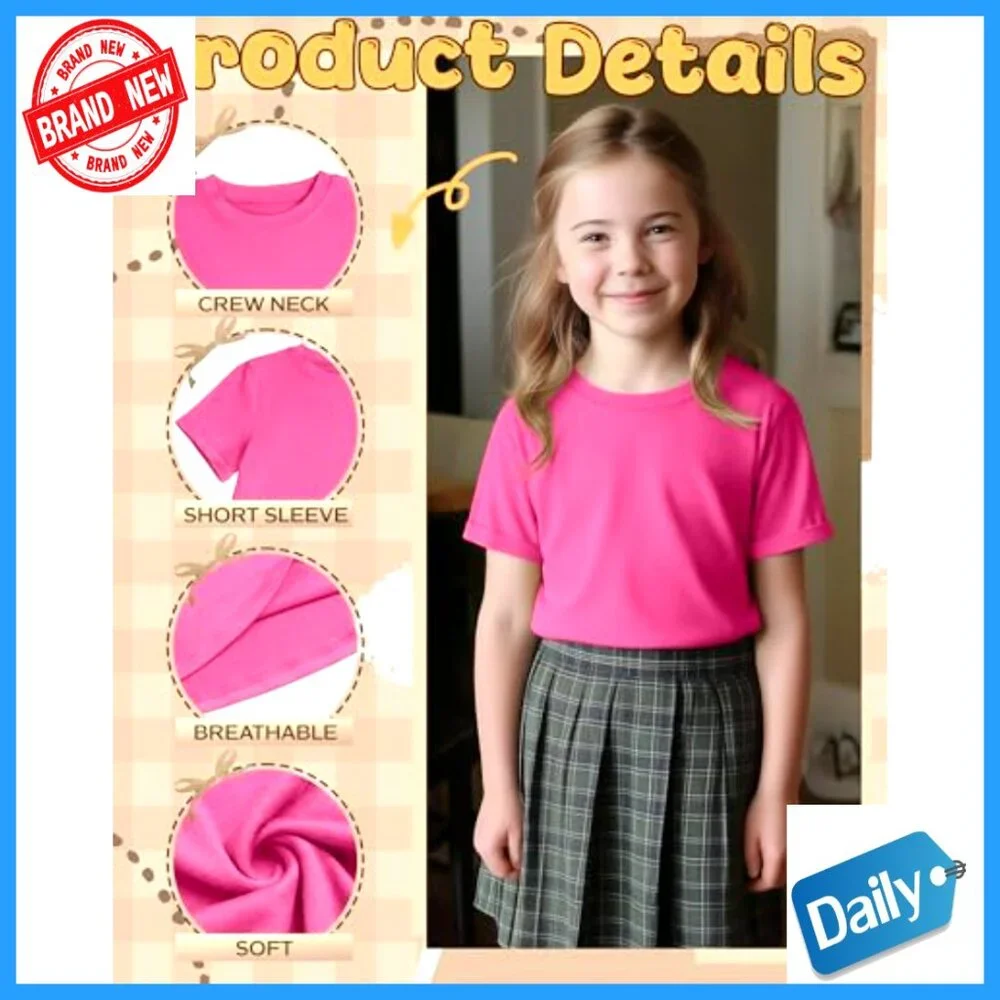 Girls 3 Pack Short Sleeve Tees Crewneck Rolled Cuffs Basic Tops 5-14Y